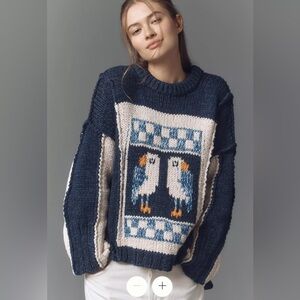 🪿 Anthropologie Pilcro Chunky Crew Neck Sweater Bird Knit Size Large Jumper Cozy
